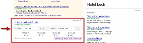 Google Hotelsuche direkt in Suchergebnissen als Hotel-Finder